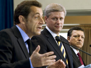 Nicolas sarkozy, Stephen Harper et José Manuel Barroso