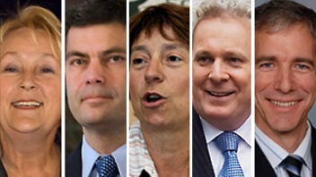 Pauline Marois, Mario Dumont, Fran�oise David, Jean Charest, Guy Rainville