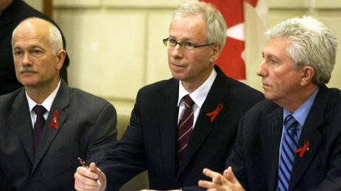 Jack Layton, St�phane Dion et Gilles Duceppe en conf�rence de presse