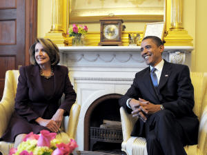 Barack Obama rencontre Nancy Pelosi, leader démocrate à la Chambre des représentants le 5 janvier, à Washington.