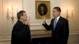 Le pr�sident Obama dans le Map Room de la Maison-Blanche pour pr�ter serment.