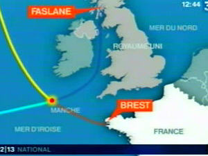 Carte montrant l'endroit où se sont heurtés les deux sous-marins