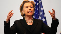 Hillary Clinton, en conf�rence de presse, � Bruxelles