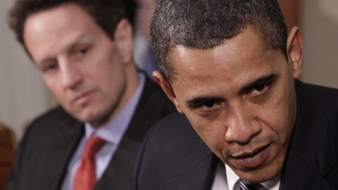 Le pr&eacute;sident Barack Obama et le secr&eacute;taire au Tr&eacute;sor, Timothy Geithner