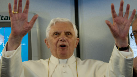 Le pape Beno�t XVI lors de la conf�rence de presse o� il a tenu ses propos controvers�s.
