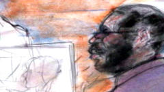 Dessin en cour de Johnson Aziga, homme séropositif reconnu coupable de meurtre