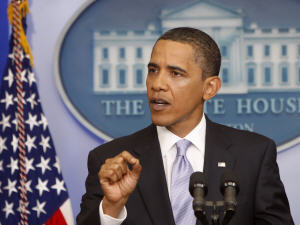 M. Obama en conférence de presse à la Maison-Blanche.