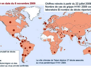 Nombre de cas de grippe H1N1 2009 confirmés en laboratoire et nombre de décès répertoriés par l'OMS