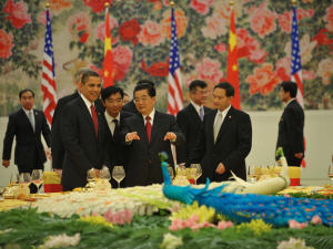 Les présidents Obama et Hu lors du banquet officiel.