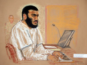 Dessin d'Omar Khadr réalisé lors d'une comparution devant un tribunal militaire à Guantanamo, le 19 janvier 2009.