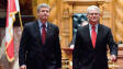 C'est la premi�re fois qu'un premier ministre du Canada pronon�ait un discours devant l'Assembl�e l�gisltaive de Victoria. Sur la photo, Stephen Harper avec Gordon Campbel, premier ministre de la Colombie-Britannique.
