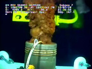 L'image, extraite d'une vidéo sous-marine, montre la fuite après que le nouvel entonnoir fut installé.