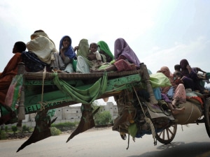 Des résidents de Sukkur au Pakistan quittent leur domicile sur une charrue.