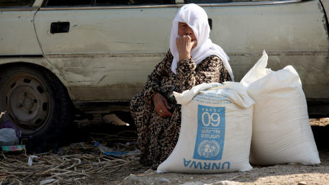 Une Palestinienne avec deux sacs de nourriture offerts par l'UNRWA.