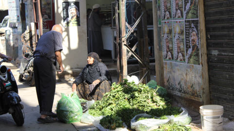 Une vendeuse de l�gumes et de fines herbes � Chatila. Dans le camp, les femmes, veuves ou dont le mari est handicap�, doivent subvenir seules aux besoins de la famille.