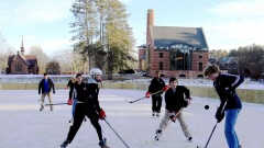 Un match de hockey sur un étang