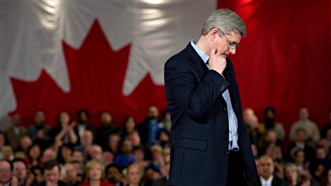 Stephen Harper lors du d�voilement de sa plateforme �lectorale, � Mississauga