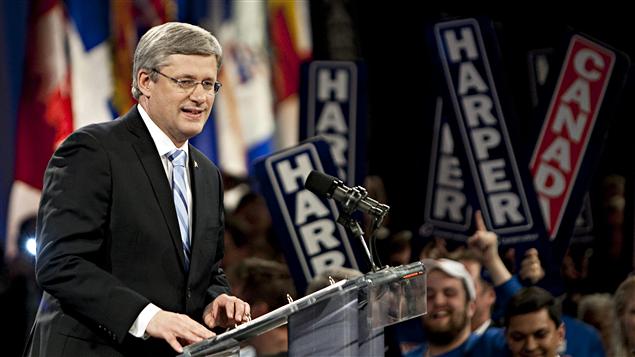 Le premier ministre Stephen Harper lors de sa victoire aux élections fédérales du 2 mai 2011.