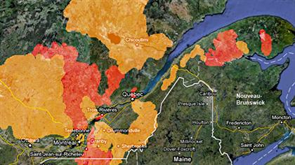 En rouge : les zones à risque d'inondation. En jaune: les zones à risque de fortes crues