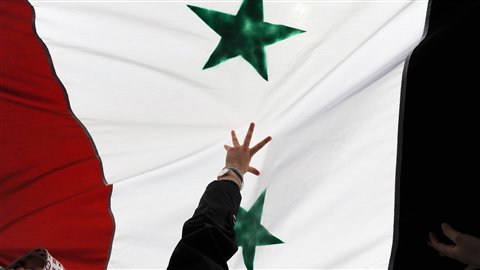 Des manifestants sous un drapeau syrien lors d'une marche contre le régime de Bachar Al-Assad, en Turquie.