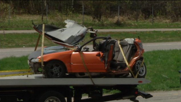La voiture conduite par Stéphane Bilodeau, le 9 mai 2008 (archives).