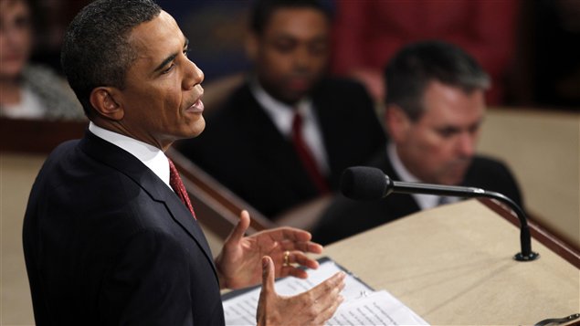 Barack Obama prononçant son discours sur l'état de l'Union.