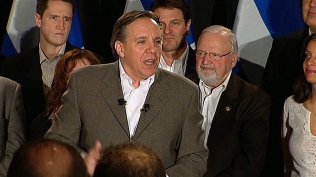 François Legault livre un discours lors du premier rassemblement militant de la CAQ à Québec.