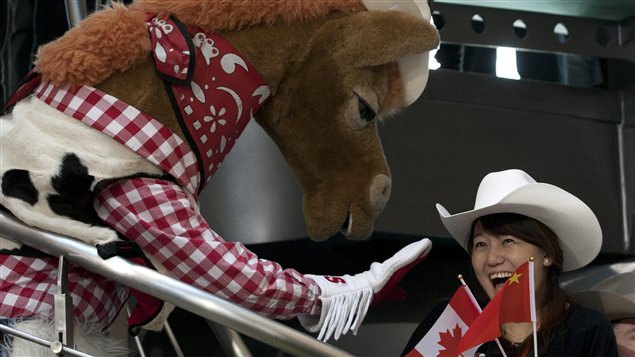 La mascotte du Stampede de Calgary, qui accompagne le premier ministre dans sa visite officielle, a invité les Chinois à crier « yahoo ».