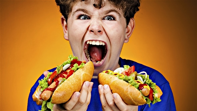 Un garçon mange des hot-dogs