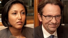 �Radio-Canada/Christian C�t� | <b>Corinne Narassiguin et Fr�d�ric Lefebvre, candidats � l'�lection l�gislative fran�aise.</b>