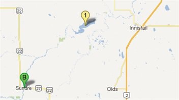 Sundre (point B) et le lac Glennifer (point 1) en Alberta.