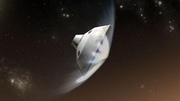 Représentation du robot pénétrant dans l'atmosphère de Mars
