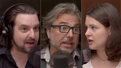 �Radio-Canada/Olivier Lalande | <b>L'humoriste MC Gilles, l'animateur Christian B�gin et la chercheuse Marie-No�lle Aubin</b>