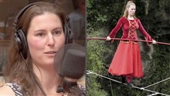 �Radio-Canada/Olivier Lalande | <b>La funambule Catherine L�ger, au micro et en action</b>