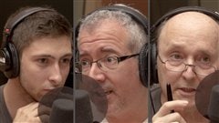 �Radio-Canada/Olivier Lalande | <b>L'�tudiant Charles Boutaud, le chroniqueur automobile Philippe Lagu� et le po�te Lucien Francoeur</b>