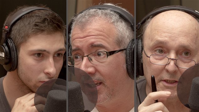 �Radio-Canada/Olivier Lalande | <b>L'�tudiant Charles Boutaud, le chroniqueur automobile Philippe Lagu� et le po�te Lucien Francoeur</b>