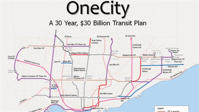 Le plan « One City » établit un échéancier de 30 ans et prévoit un budget de 30 milliards de dollars pour Toronto.