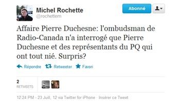 Tweet de Michel Rochette, directeur des communications du PLQ.