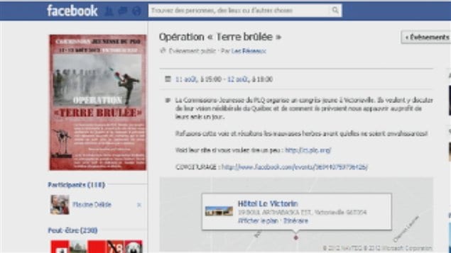 L'Opération « Terre brûlée » convie les gens à manifester lors de la Commission jeunesse du Parti libéral qui aura lieu à Victoriaville les 11 et 12 août.