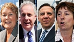 Pauline Marois (PQ), Jean Charest (PLQ), Fran�ois Legault (CAQ), Fran�oise David (QS).