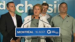 Pauline Marois en compagnie des candidats péquistes Jean Poirier, Thierry St-Cyr et Daniel Breton