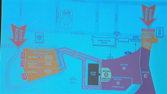Les quatre zones d'attente (en orange) seront aménagées aux alentours de la scène. Les détenteurs de billets auront accès à ces zones dès 10 h. Les corridors qui mèneront au site du spectacle ouvriront vers 17 h.
