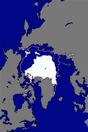 Cette illustration montre l'étendue de la calotte glaciaire en Arctique en date du 20 août 2012. La ligne orange présente la superficie moyenne enregistrée de 1979 à 2000.