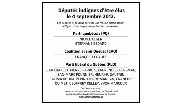 Publicité d'Yves Michaud dans Le Devoir.