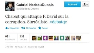 C'est un des tweets de Gabriel-Nadeau Dubois qui a été le plus populaire: « Charest qui attaque F. David sur la corruption. Surréaliste. #debatqc »