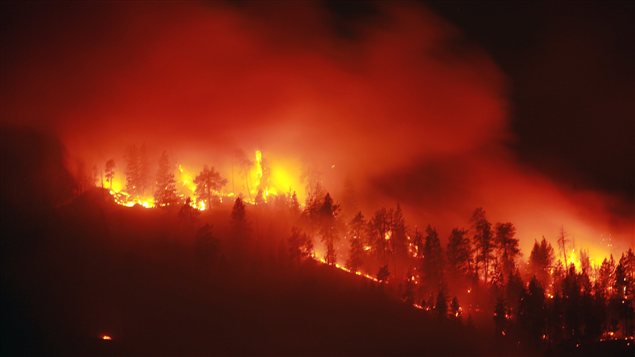 Un feu de forêt fait rage le long de la route 97 près de Peachland, en Colombie-Britannique. 