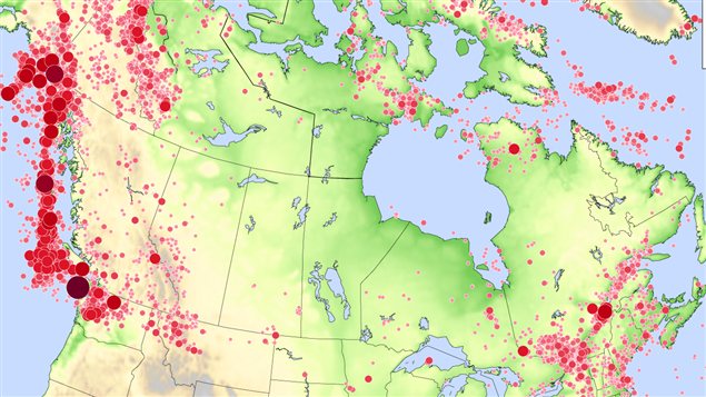 خارطة الهزات الأرضية في كندا من عام 1627 إلى عام 2010