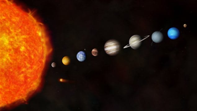 Impression artistique de notre système solaire. Cette représentation, où les distances entre les planètes ne sont pas respectées, a pour but de montrer la différence de taille entre les planètes. 