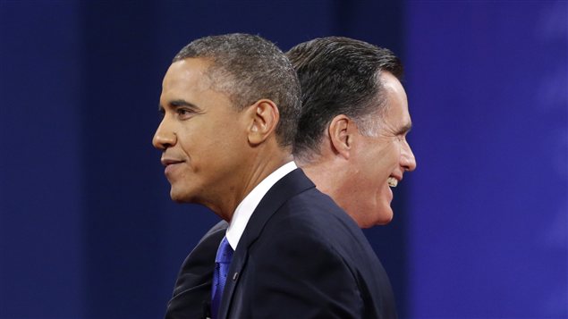 Barack Obama et Mitt Romney lors du troisième débat présidentiel à Boca Raton