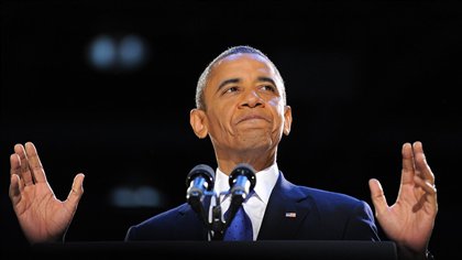 Barack Obama prononce son discours de victoire devant ses partisans à Chicago.